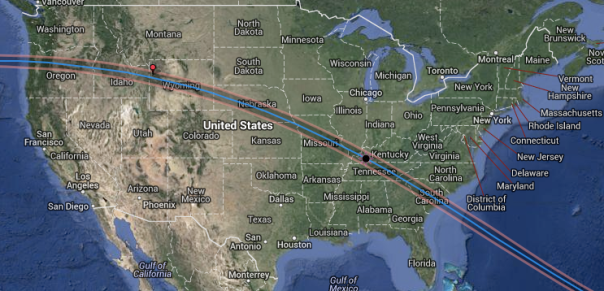 Path of the 2017 Total Solar Eclipse.  Can't see totality unless within that line.