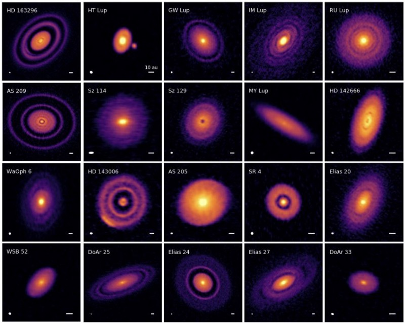 20 new protoplanetary disks, as imaged by the Disk Substructures at High Angular Resolution Project (DSHARP) collaboration, showcasing what newly-forming planetary systems look like. (S. M. ANDREWS ET AL. AND THE DSHARP COLLABORATION, ARXIV:1812.04040)
