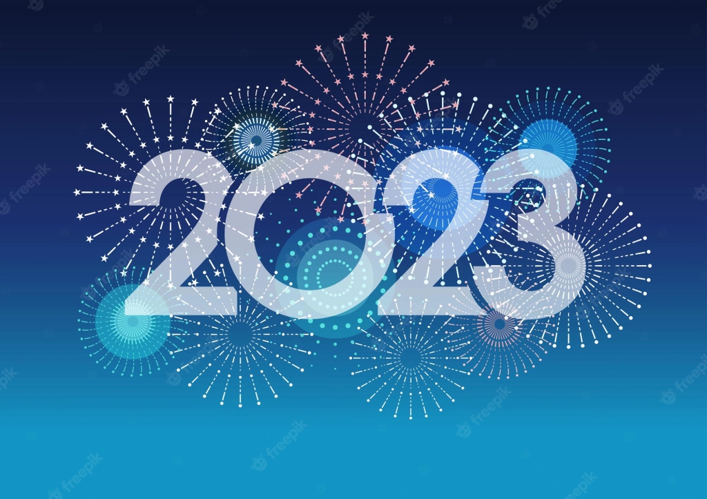 graphic of the year 2023 with representations of fireworks